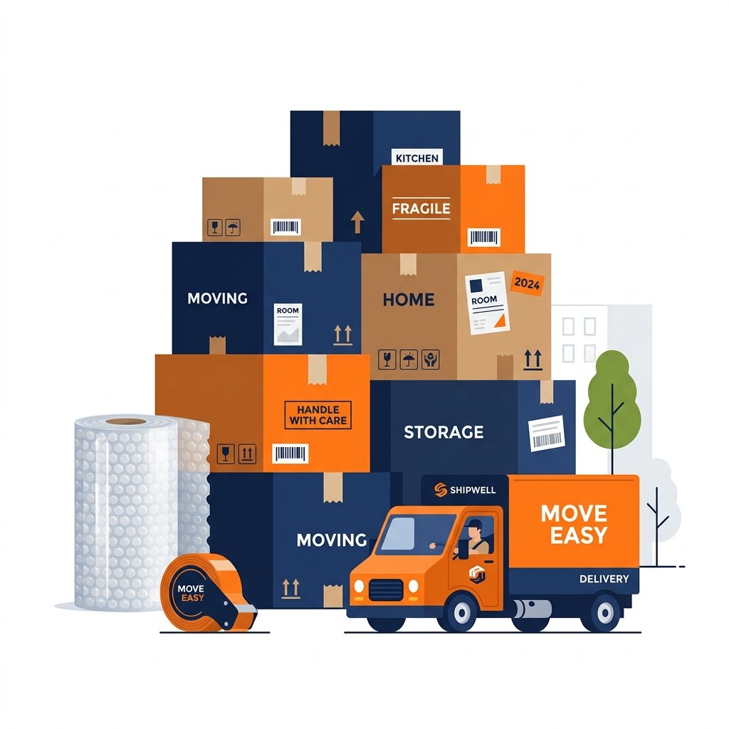 Stylized flat vector illustration of packed moving boxes stacked