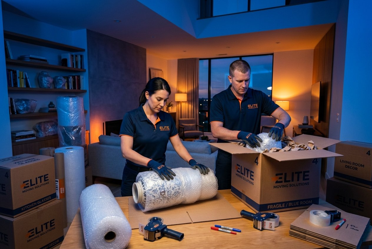 Movers wrapping household items inside a house